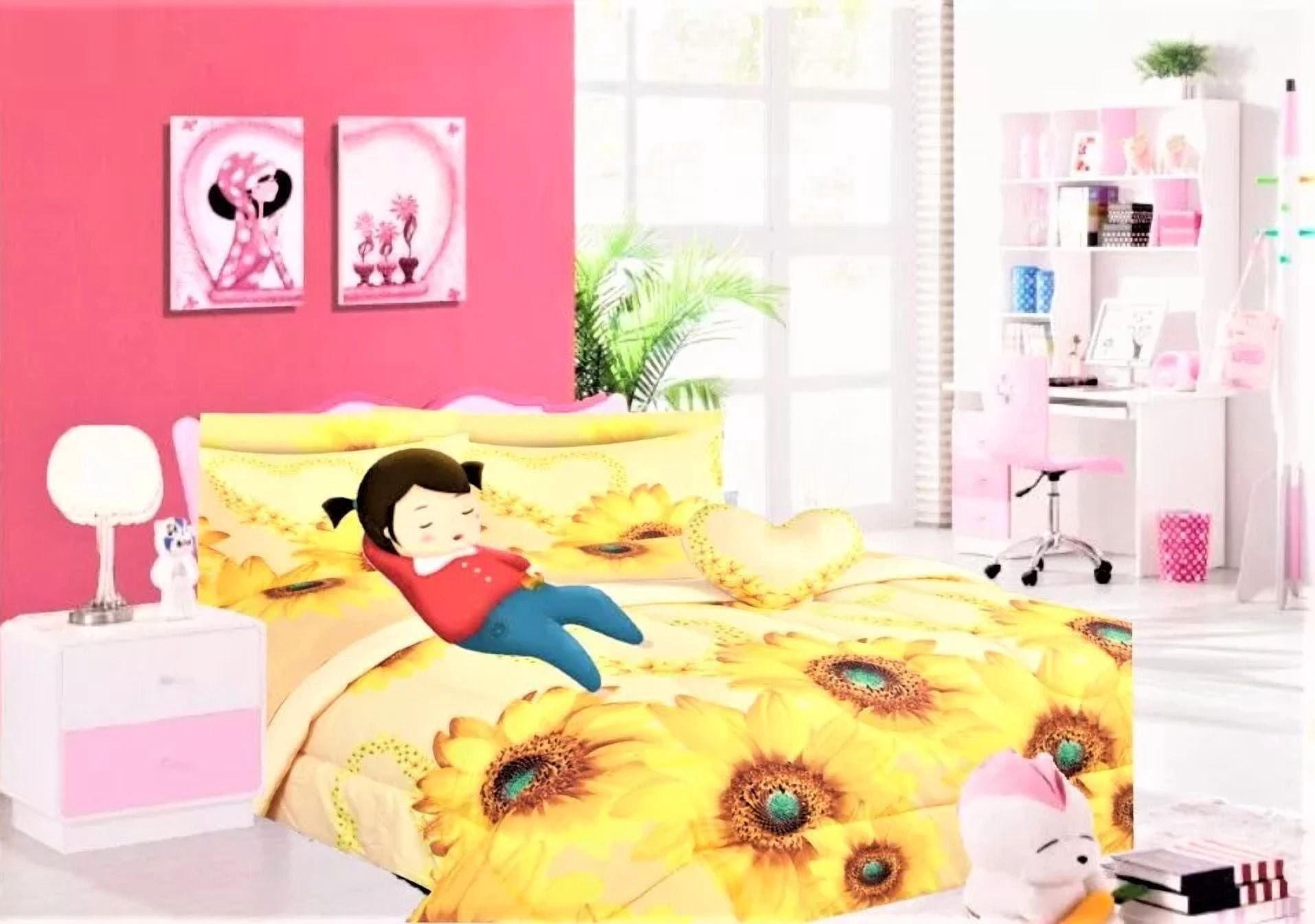 Bedding Set Twin 6pc Sunflower Yellow Complete Bed in Bag Comforter with Plushie Toy Friend and Matching Sheet Set Bedroom Decor.