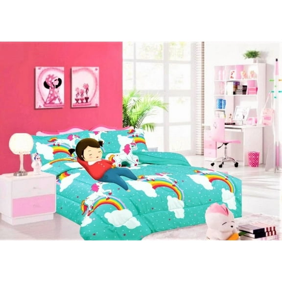Bedding Set Twin 6pc Unicorn Mint Blue Complete Bed in Bag Comforter with Plushie Toy Friend and Matching Sheet Set Bedroom Decor.