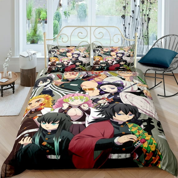 Bedding Set Vibrant Comforter & Pillowcases Featuring Main Characters - Green Background Perfect for Anime Fans - Full Queen Sizes Available