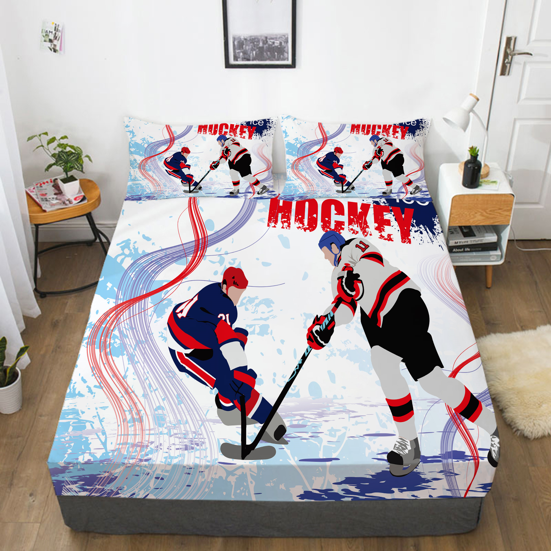 Bedding Set with Pillowcase Hockey Home Bedspreads Polyester Fitted