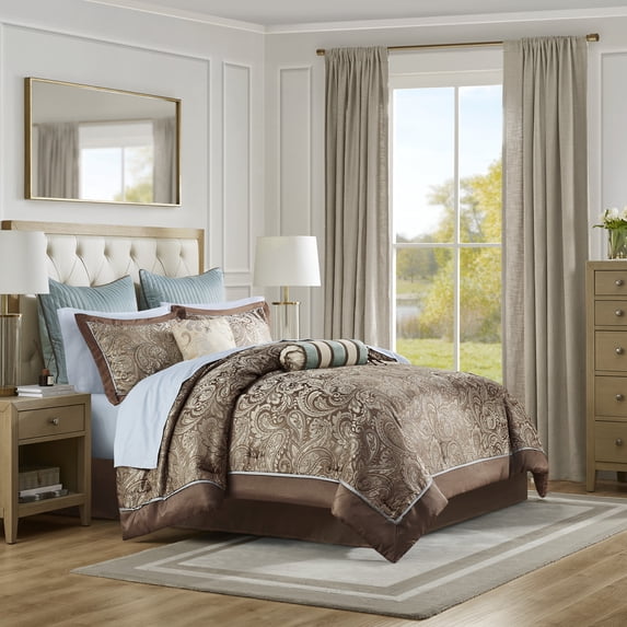 Bedding Sets 12 Piece Comforter Set with Cotton Bed Sheets Blue/Brown Full,Bed Sets