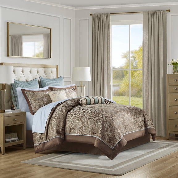 Bedding Sets 12 Piece Comforter Set with Cotton Bed Sheets Blue/Brown King,Bed Sets