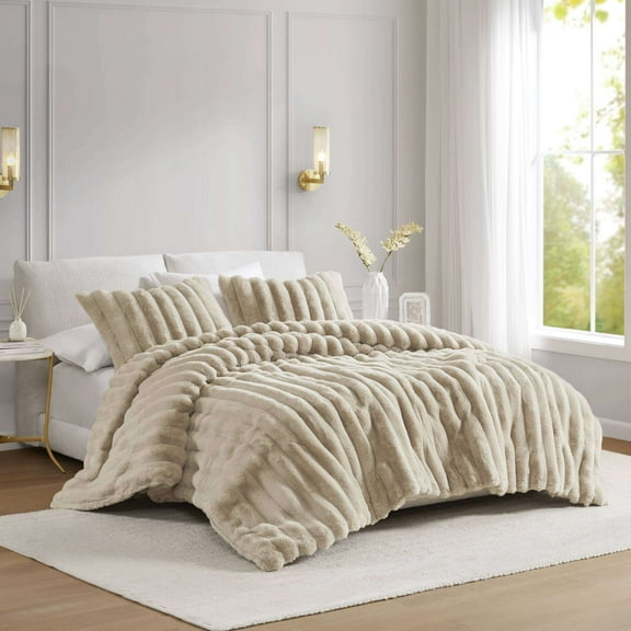 Bedding Sets 3 PCS King Ultrasoft Faux Fur Ribbed Comforter Set Taupe,Bed Sets