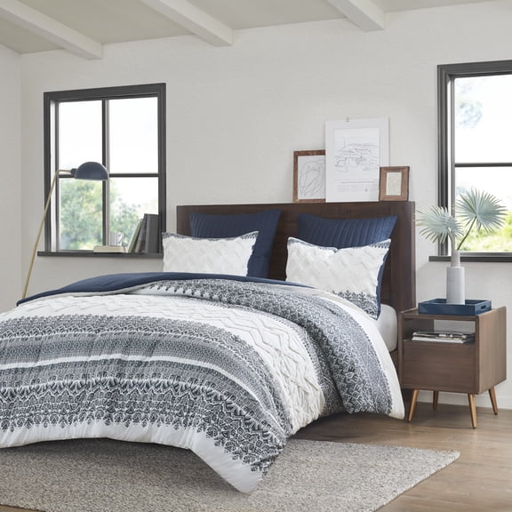 Bedding Sets 3 Piece Cotton Comforter Set with Chenille Tufting Navy Full/Queen,Bed Sets