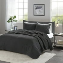 3-Piece Black Quilt Set Full/Queen - Reversible Microfiber Bedding Set with 2 Shams, Antimicrobial Cotton Fill