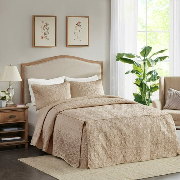 Queen Size Khaki Quilted Bedspread Set - 3-Piece Split Corner Pleated Design with Antimicrobial Protection Five