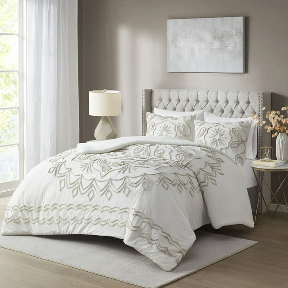 Bedding Sets 3 Piece Tufted Cotton Chenille Comforter Set Ivory/Taupe Full/Queen,Bed Sets