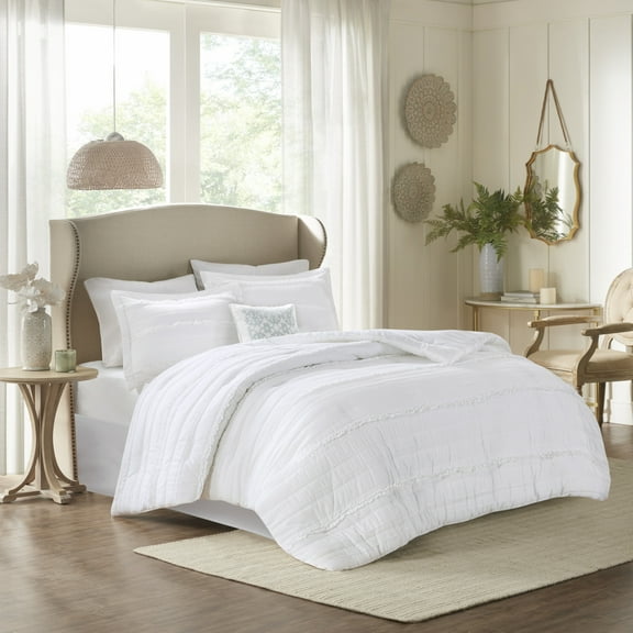 Bedding Sets 5 Piece Microfiber Ruffled Comforter Set White King,Bed Sets