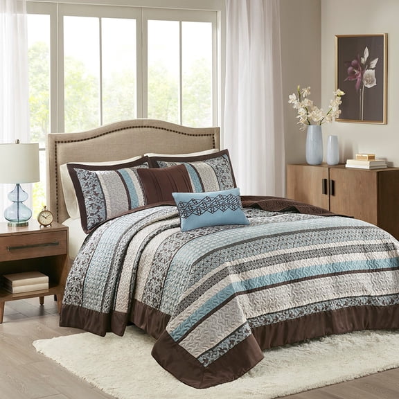Bedding Sets 5 Piece Reversible Jacquard Bedspread Set Blue Queen,Bed Sets