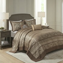 5-Piece Reversible Jacquard Bedspread Set King - Brown & Gold Luxury Bedding with Decorative Pillows