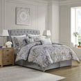 thumbnail image 1 of King Size 6-Piece Grey Cotton Comforter Set with Damask Pattern, Includes Comforter, Shams, Bedskirt & Decorative Pillows, 1 of 15