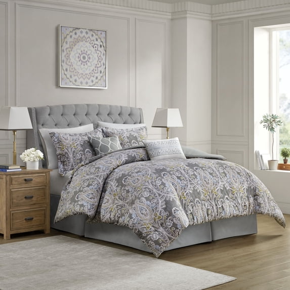 King Size 6-Piece Grey Cotton Comforter Set with Damask Pattern, Includes Comforter, Shams, Bedskirt & Decorative Pillows