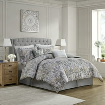 Queen Size 6-Piece Grey Cotton Comforter Set with Damask Pattern, Includes Comforter, Shams, Bedskirt & Decorative Pillows