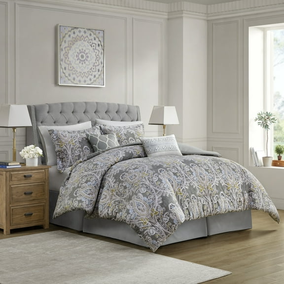 Queen Size 6-Piece Grey Cotton Comforter Set with Damask Pattern, Includes Comforter, Shams, Bedskirt & Decorative Pillows