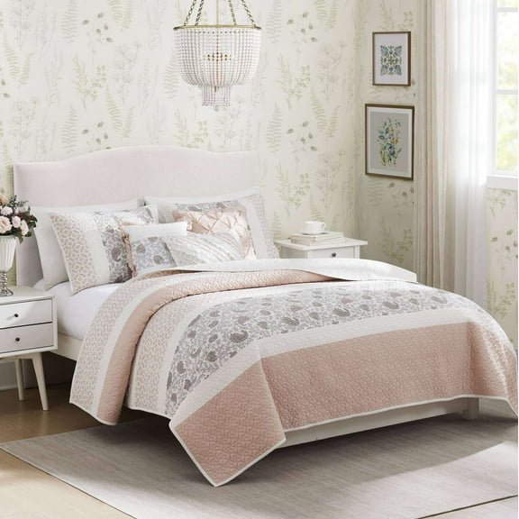 Bedding Sets 6 Piece Cotton Percale Quilt Set with Throw Pillows Blush King/Cal King,Bed Sets
