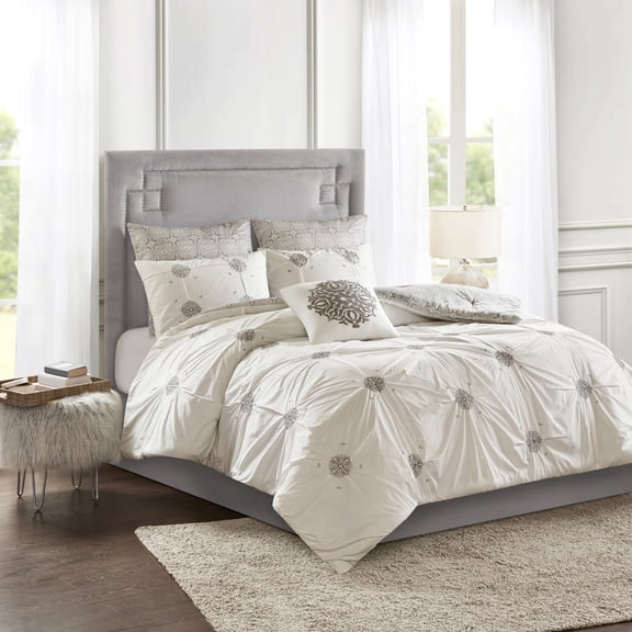 Bedding Sets 6 Piece Embroidered Cotton Reversible Comforter Set Ivory King/Cal King,Bed Sets