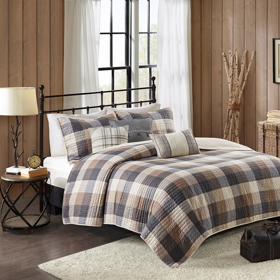 6-Piece Herringbone Quilt Set Full/Queen - Neutral Buffalo Plaid Printed Bedding with Throw Pillows