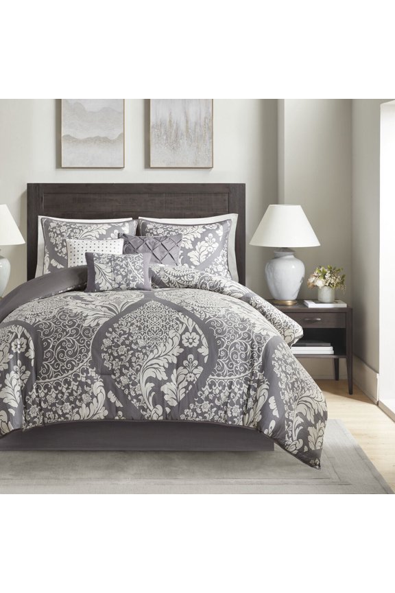 7-Piece King Size Cotton Comforter Set - Grey Damask Print, Oeko-Tex Certified, Includes Comforter, Shams & Bed Skirt Five