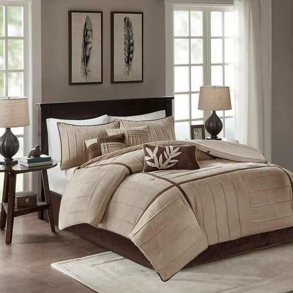 Bedding Sets, 7 Piece Faux Suede Comforter Set Beige Queen, Bed Sets, Comforter Sets,