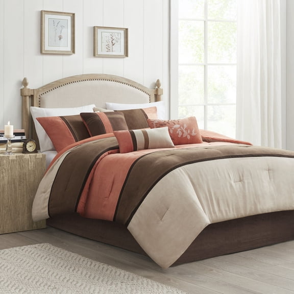 Bedding Sets, 7 Piece Faux Suede Comforter Set Coral King, Bed Sets, Comforter Sets,