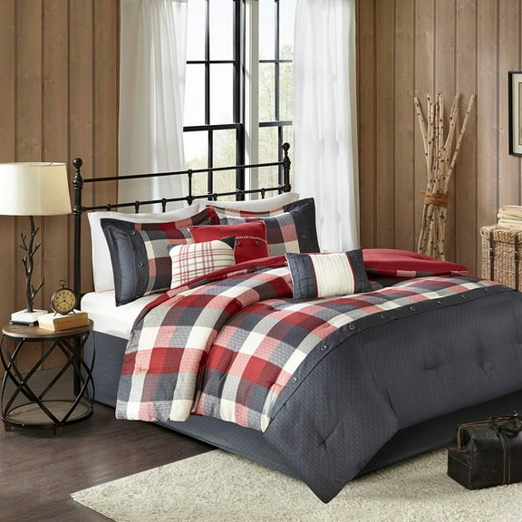 Red Herringbone Comforter Set - 7-Piece King Buffalo Plaid Bedding with Decorative Pillows