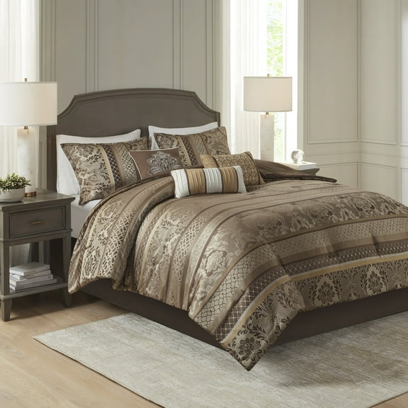 7-Piece Brown & Gold Jacquard Comforter Set - Cal King Luxury Bedding with Decorative Pillows