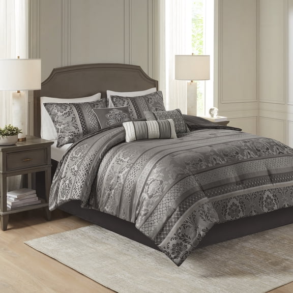 7-Piece Grey Jacquard Comforter Set Queen - Luxury Bedding with Decorative Pillows & Bed Skirt