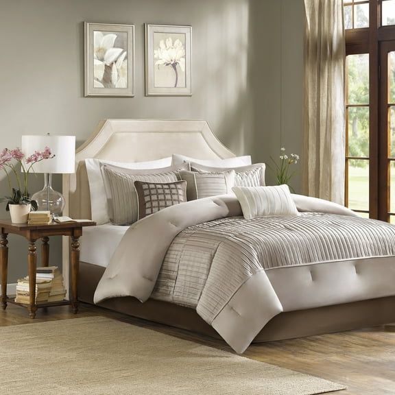 7-Piece King Charmeuse Comforter Set - Taupe Luxury Bedding with Pleated Details