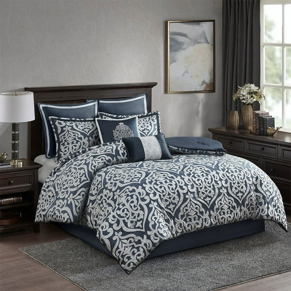 Bedding Sets 8 Piece Jacquard Comforter Set Navy/Silver Cal King,Bed Sets