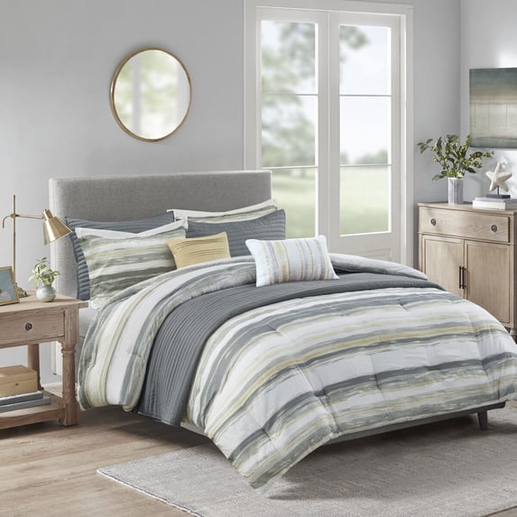 8-Piece Seersucker Comforter Set - Yellow & Gray Watercolor Stripe, Full/Queen with Quilt