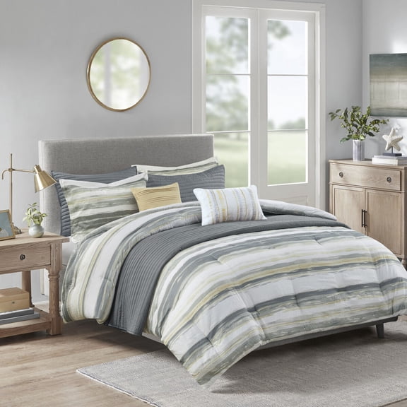 8-Piece Seersucker Comforter Set - Yellow & Gray Watercolor Stripe, Full/Queen with Quilt