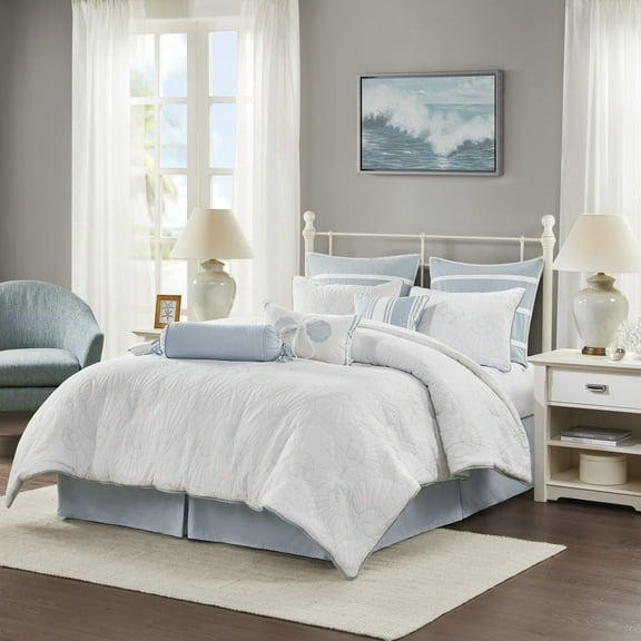 King Size White Cotton Comforter Set with Blue Seashell Quilting, Includes Comforter, Shams & 15" Drop Bedskirt