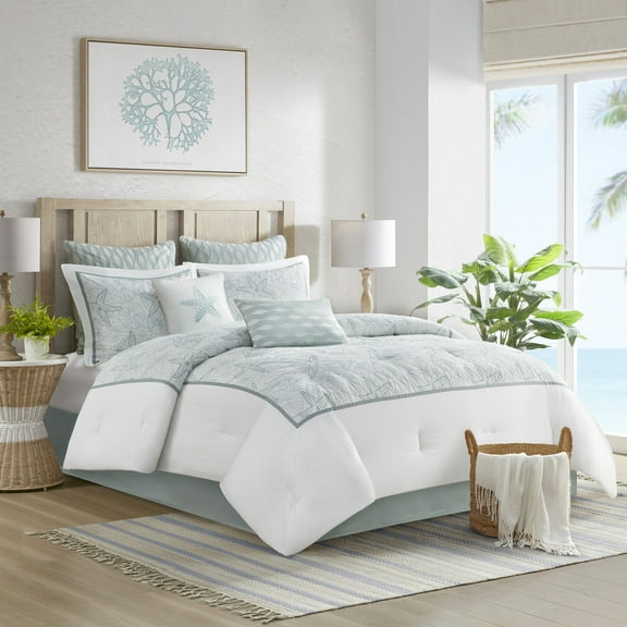 King Size White Cotton Comforter Set, Coastal Embroidery Design with Bed Skirt