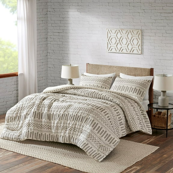 Cotton Jacquard Comforter Set Full/Queen - Ivory & Charcoal Striped Farmhouse Bedding with 2 Shams