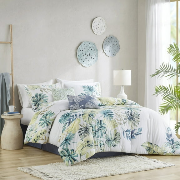 Queen 6-Piece Coastal Comforter Set - Tropical Print Cotton Bedding with 2 Shams & Decorative Pillows
