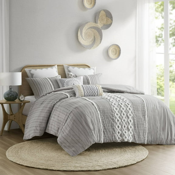 Bedding Sets Cotton Printed Comforter Set with Chenille Gray King/Cal King,Bed Sets