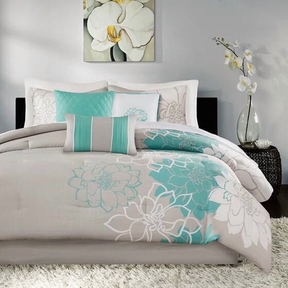 King Size Aqua Cotton Sateen Comforter Set - Floral Print Bedding with 2 Shams, Bedskirt & 3 Decorative Pillows