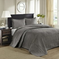 King Size Reversible Bedspread Set, Dark Grey Quilted Bedding Set with 2 Shams, Oversized 120"X118" Cotton-Polyester Blend