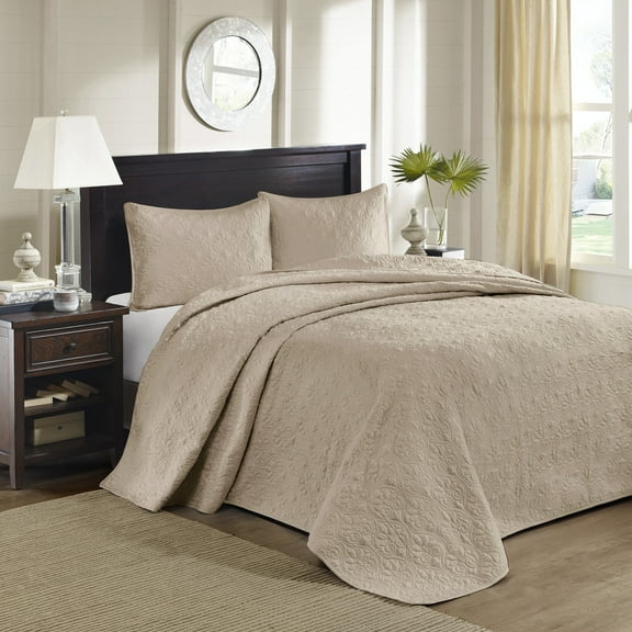 Queen Reversible Bedspread Set - Khaki Cottage Style with Antimicrobial Protection