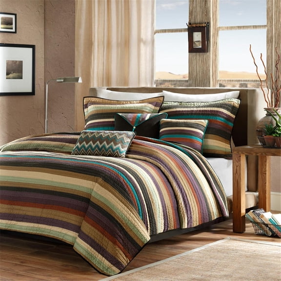 Reversible Quilt Set Full/Queen with Throw Pillows, Multi-Color Striped Cotton Blend Bedding Set - Includes 1 Quilt, 2 Shams & 3 Decorative Pillows