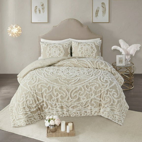 Bedding Sets Tufted Cotton Chenille Medallion Comforter Set Taupe King/Cal King,Bed Sets
