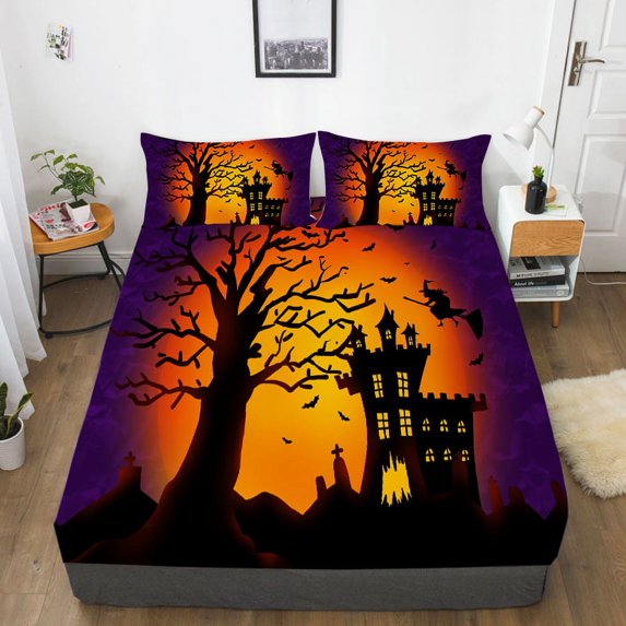 Bedding Sheets Bed Cover Sets Cartoon Happy Halloween Painting Fitted Cover Home Textiles,Full(54"x75")