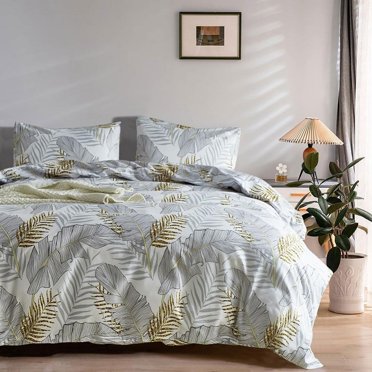 Bedding Sheets Grey Gold Tropical Palm Leaves Pattern Duvet Cover Queen Size