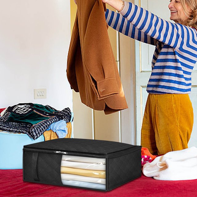 Bedding Storage Bag Storage for Clothing, Blanket and Pillow Storage Bin Under Bed Storage, Sheet and Blanket Storage Organizing Bag Waterproof,Black,40.5x35.5x16.5cm