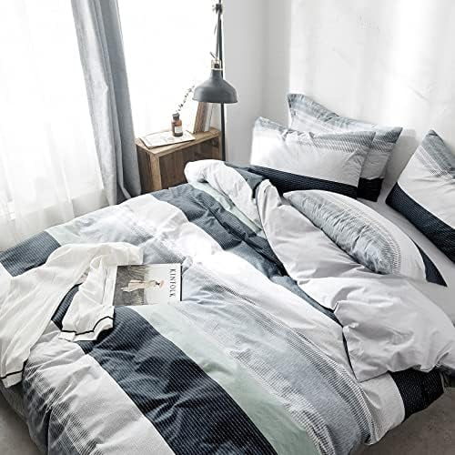Bedding Striped Duvet Cover Queen,3 Pieces Blue Gray Duvet Cover Sets, Cotton,Modern Simple Comforter Cover for Teens Men-Full/Queen,Martin
