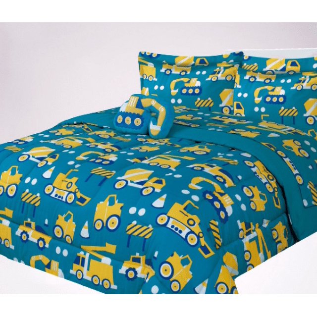 Excavator Construction Twin Size Bed in Bag Set with Plushie Toy Pillow