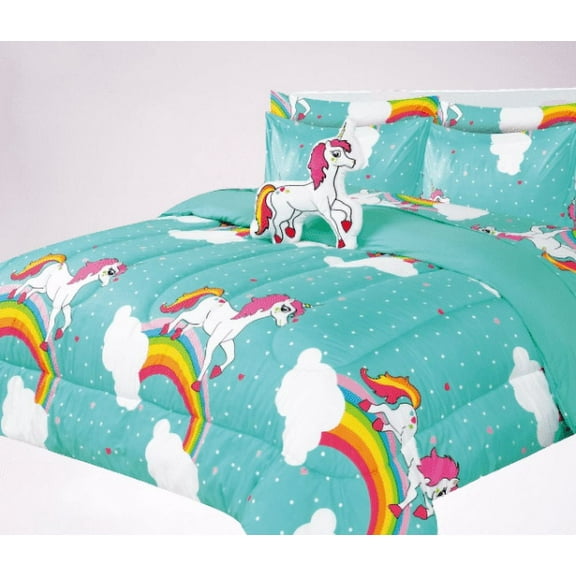 Bedding all season unicorn blue bed in bag twin size plushie toy pillow with matching sheet set comforter for kids bedroom dcor