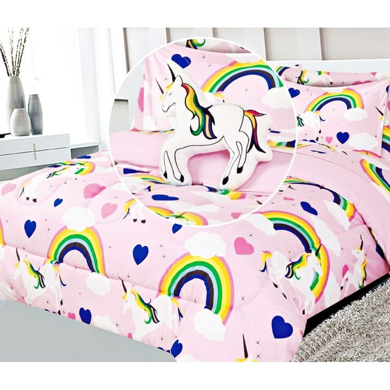 Bedding all season unicorn light bed in bag twin size plushie toy pillow with matching sheet set comforter for kids bedroom decor