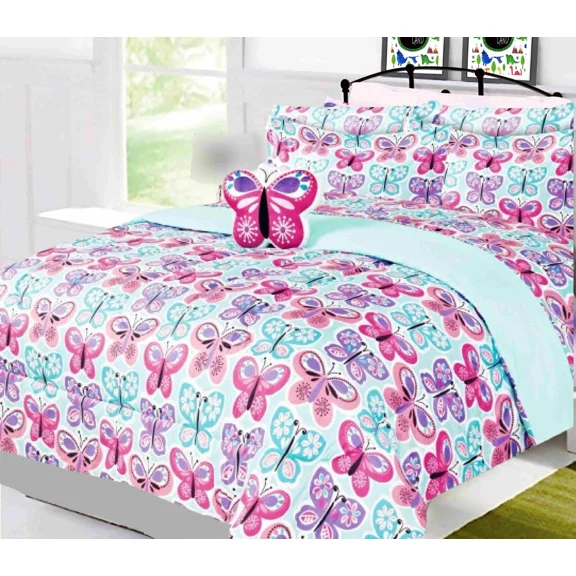 Bedding Comforter Full Size Butterfly Blue Hot Pink Matching Sheet Set Bedroom Decor 8 Pieces