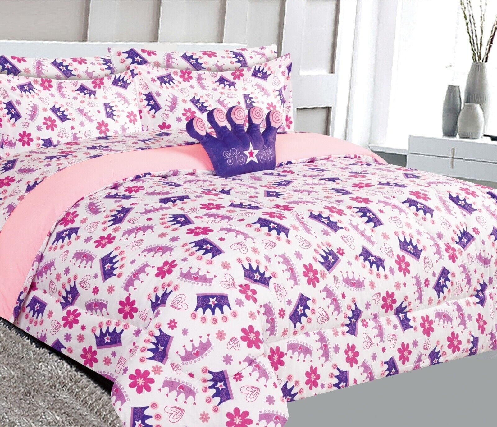 Bedding comforter in full size crown purple design matching sheet set for kids bedroom dcor for girls boys 8 pieces